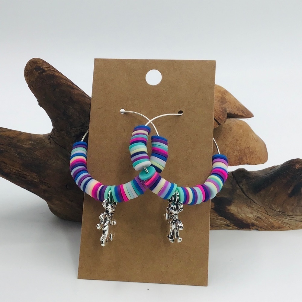 Earrings Hoops Grateful Dead Teddy Bears Heishi Beads Charm Silver M